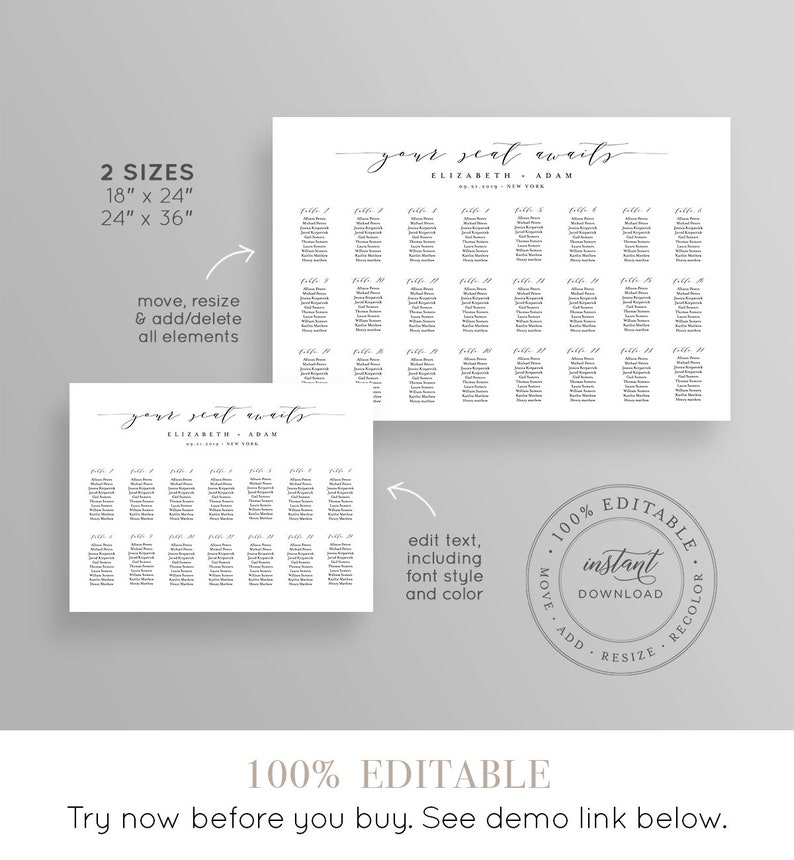 May include: Editable wedding seating chart template in two sizes: 18 inches by 24 inches and 24 inches by 36 inches. The template features a simple, modern design with the text "your seat awaits" and the names "Elizabeth & Adam" at the top. The chart is divided into tables with numbers and guest names listed underneath.