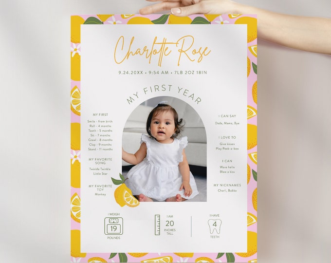 Lemon First Year Baby Sign, Infographic, Baby Stats, Milestones, Summer 1st Birthday, Editable Template, Templett, 8x10, 18x24 #0046-112FYS