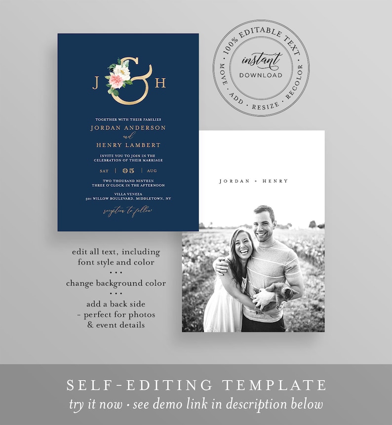 Boho Wedding Invitation Suite Greenery and Gold Blush Florals INSTANT DOWNLOAD Editable Text Wedding Monogram Templett DIY #043C