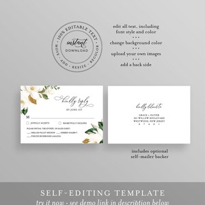 Puede incluir: Una tarjeta RSVP de boda blanca y verde con un dise&ntilde;o floral sobre fondo blanco. La tarjeta tiene una secci&oacute;n para que los invitados indiquen si asistir&aacute;n a la boda y una secci&oacute;n para que elijan su opci&oacute;n de comida. La tarjeta tambi&eacute;n incluye el texto "kindly reply by June 1st".