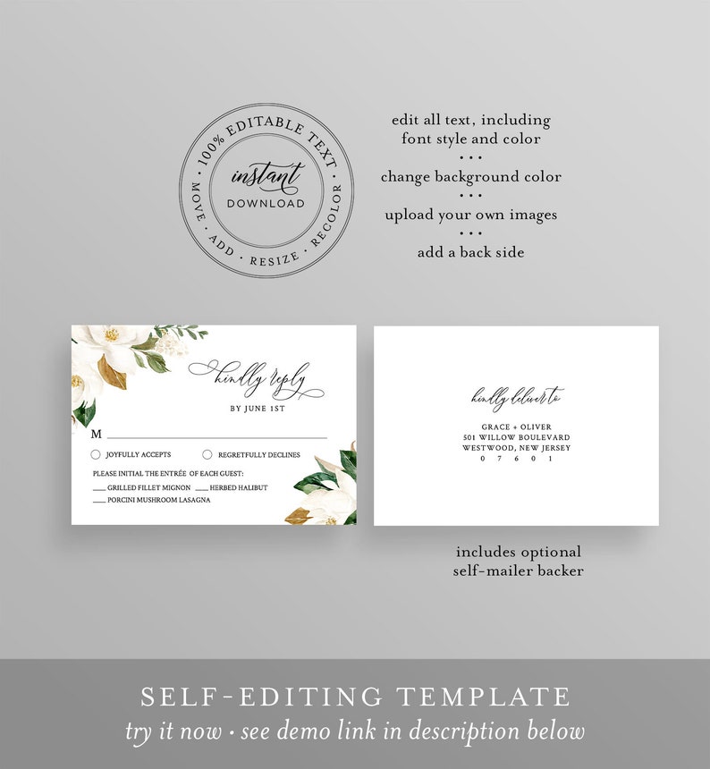 Puede incluir: Una tarjeta RSVP de boda blanca y verde con un dise&ntilde;o floral sobre fondo blanco. La tarjeta tiene una secci&oacute;n para que los invitados indiquen si asistir&aacute;n a la boda y una secci&oacute;n para que elijan su opci&oacute;n de comida. La tarjeta tambi&eacute;n incluye el texto "kindly reply by June 1st".