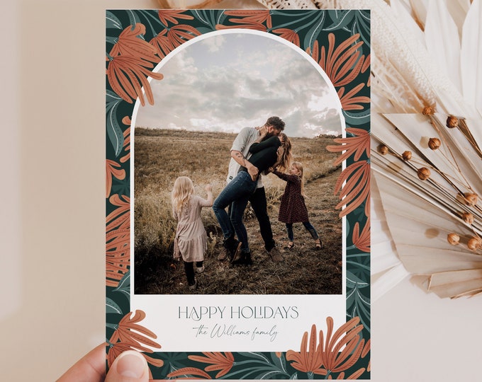 Bohemian Holiday Card Template, Hygge Modern Boho Photo Christmas Card, Editable, Add Your Own Photo, Instant Download, Templett, 5x7 #138HP