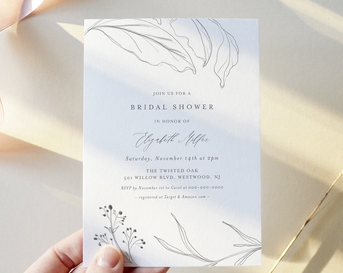 Bridal Shower Invitation Template, Printable Hand Sketch Foliage Couples Shower Invite, 100% Editable Text, Instant Download #064-208BS