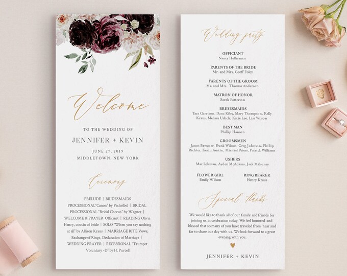 Wedding Program Template, Printable Order of Service, Moody Vintage Floral, Instant Download, 100% Editable Text, DIY, Templett #074-228WP