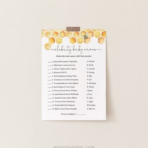 May include: A printable game card with a honeycomb pattern and a bee illustration. The game is called "Celebrity Baby Names" and asks players to match celebrity couples with their children's names.
