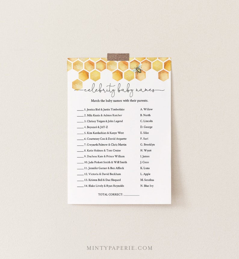 May include: A printable game card with a honeycomb pattern and a bee illustration. The game is called "Celebrity Baby Names" and asks players to match celebrity couples with their children's names.