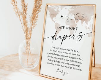 Adventure Baby Late Night Diapers Sign, Travel Baby Shower Game, Diaper Notes, World Map, Editable Template, Instant, Templett #0039-21BAG