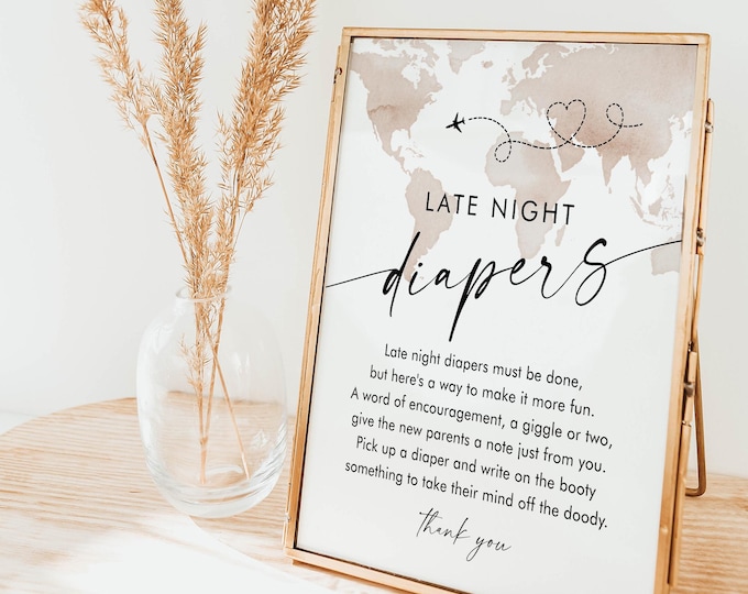 Adventure Baby Late Night Diapers Sign, Travel Baby Shower Game, Diaper Notes, World Map, Editable Template, Instant, Templett #0039-21BAG