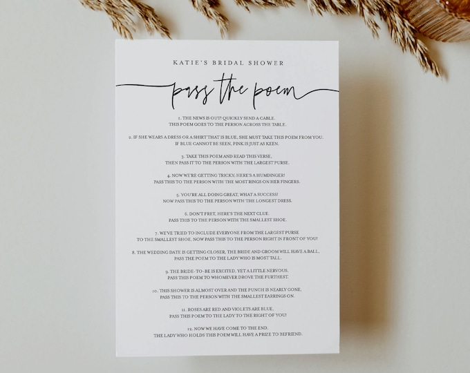 Pass the Poem Game, Fun Icebreaker Game, Minimalist Bridal Shower Game, INSTANT DOWNLOAD, 100% Editable Template, Templett #0009-399BG