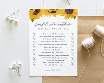 Would She Rather Bridal Shower Game Template, Sunflower Bridal Shower Printable, Editable Template, Instant Download, Templett #0010-319BG