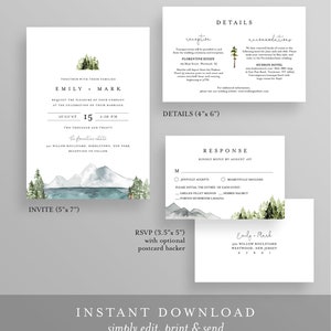 Lake Wedding Invitation Set, Lakeside, Mountain, Woodland Pine, Rustic Wedding, Editable Template, Instant Download, Templett 017A image 2