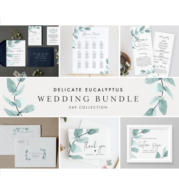 Greenery Wedding Bundle Invitation Suite TEMPLETT Editable Eucalyptus Wedding Essential Templates FPE Instant Download