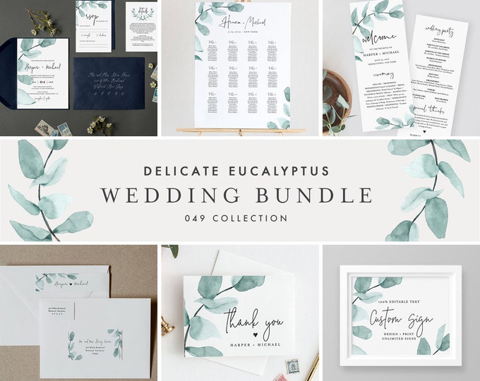 Eucalyptus Wedding Bundle, Greenery Wedding Essential Templates, Invitation Suite, Editable Text, Instant Download, Templett #049-BUNDLE