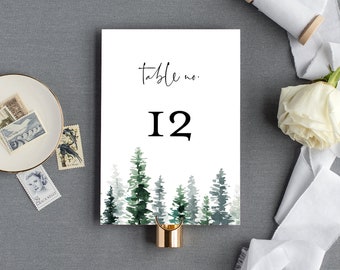 Rustic Wedding Table Number Template, Printable Winter Pine Table Card, INSTANT DOWNLOAD, Editable Text, Templett, 4x6 & 5x7 #073-136TC