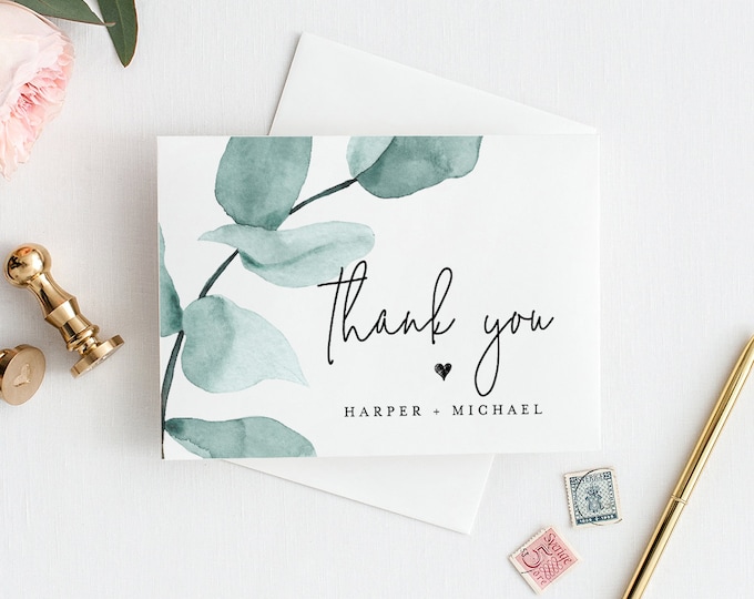 Eucalyptus Thank You Card Template, INSTANT DOWNLOAD, 100% Editable Text, Printable Greenery Wedding Thank You Folded Card, DIY #049-108TYC