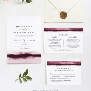 Burgundy Watercolor Wedding Invitation Set, Wine, Vineyard Theme, Modern, Minimalist, Editable Template, Instant Download, Templett 093B image 6