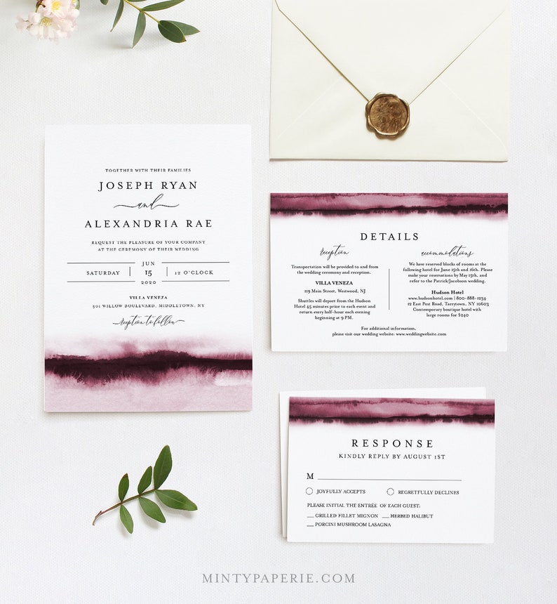 Burgundy Watercolor Wedding Invitation Set, Wine, Vineyard Theme, Modern, Minimalist, Editable Template, Instant Download, Templett 093B image 6