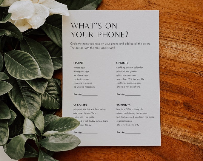 What's on Your Phone Game, Minimalist Bridal Shower Game, Printable Phone Game, Self-Editing Template, Instant, Templett #0026B-07BRG