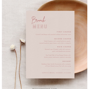 Brunch menusjabloon, afdrukbare bruids douche menukaart, 100% bewerkbare tekst, Instant Download, Templett, 5x7 #055-229WM