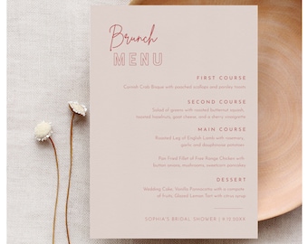 Brunch Menu Template, Printable Bridal Shower Menu Card, 100% Editable Text, Instant Download, Templett, 5x7 #055-229WM