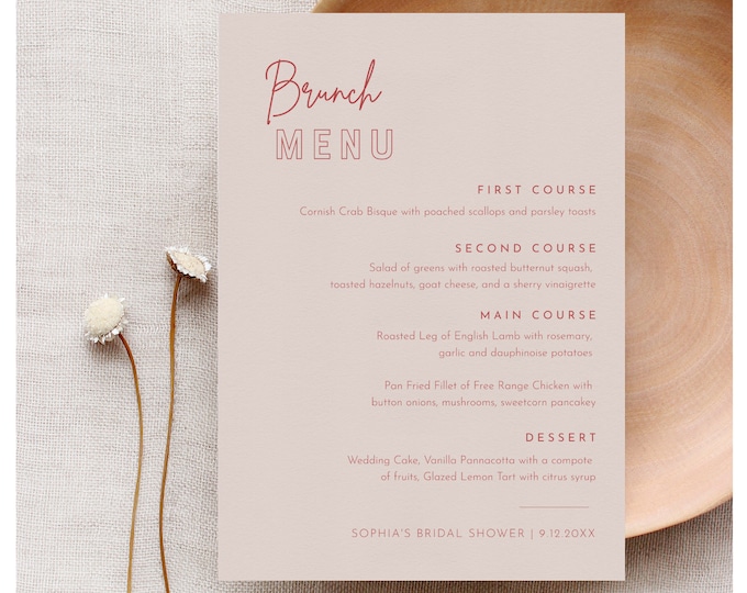 Brunch Menu Template, Printable Bridal Shower Menu Card, 100% Editable Text, Instant Download, Templett, 5x7 #055-229WM