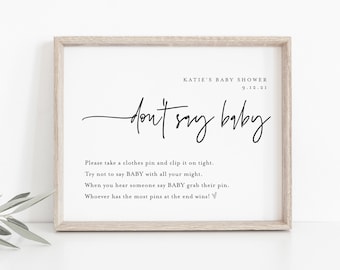 Don't Say Baby Clothespin Game, Minimalist Baby Shower Sign, 100% Editable Template, Printable, Instant Download, Templett  #0009-201BASG