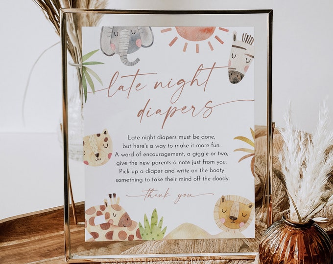 Late Night Diapers Sign, Safari Jungle Baby Shower Game, Diaper Notes, Gender Neutral, Editable Template, Instant, Templett #0054-22BAG