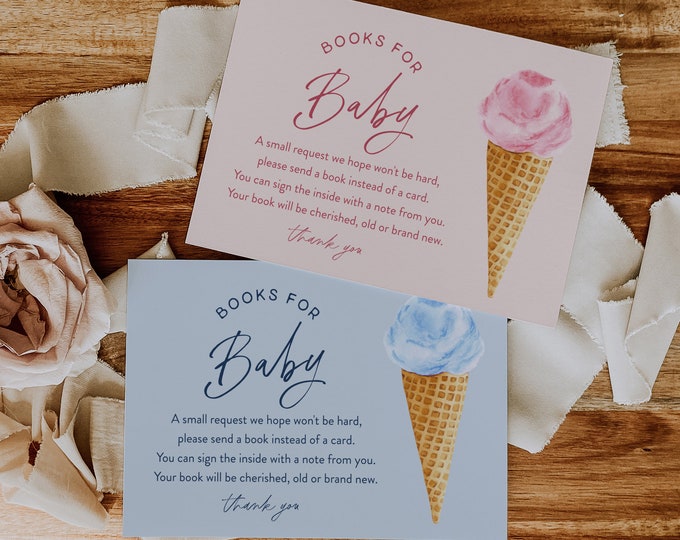 Ice Cream Books for Baby Card, Summer Book Request, Scoop Baby Shower Invitation Book Insert, Editable Text, Instant, Templett #0035-162BFB