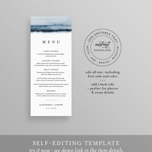 May include: A blue and white wedding menu template with the text "MENU" at the top. The menu includes the following courses: First Course, Second Course, Main Course, Dessert. The template is fully editable and includes an instant download option. The text "ALEXANDRIA + JOSEPH 9.12.2020" is at the bottom of the menu.