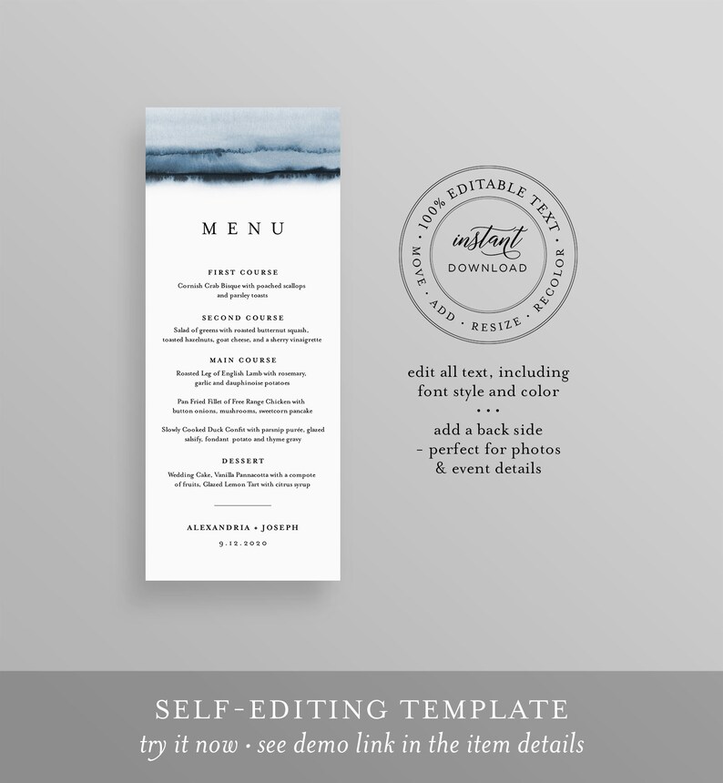 May include: A blue and white wedding menu template with the text "MENU" at the top. The menu includes the following courses: First Course, Second Course, Main Course, Dessert. The template is fully editable and includes an instant download option. The text "ALEXANDRIA + JOSEPH 9.12.2020" is at the bottom of the menu.