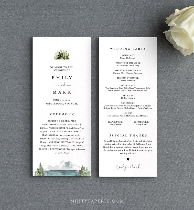 May include: Wedding ceremony program with a watercolor illustration of a mountain range and pine trees. The program includes the names Emily and Mark, the date June 27, 2020, and the location Middletown, New York. The program also includes the order of events for the ceremony, including the prelude, processional, bridal processional, reading, welcome and prayer, solo, marriage rite, vows, exchange of rings, declaration of marriage, wedding prayer, and recessional.