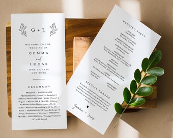 Simple Wedding Program Template, Modern Minimalist Order of Service, Editable, Printable Program, Instant Download, Templett #095B-236WP