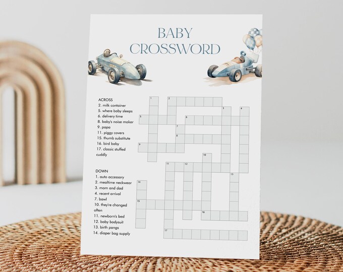 Baby Crossword Puzzle, Vintage Race Car Boy Baby Shower Game, Printable Crossword Game, Instant Download, Templett, 5x7 #0068-33BAG