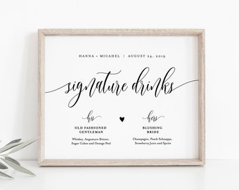 Wedding Signature Drinks Sign, Editable Template, Printable Signature Cocktails, Alcohol, Drink, Bar Menu, INSTANT DOWNLOAD, 8x10 #008-02S
