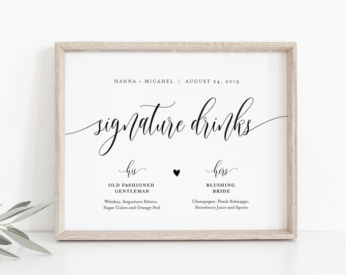 Wedding Signature Drinks Sign, Editable Template, Printable Signature Cocktails, Alcohol, Drink, Bar Menu, INSTANT DOWNLOAD, 8x10 #008-02S