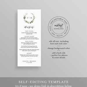 May include: A vertical white menu card with a floral wreath and the text "menu". The menu lists a first course, second course, main course, and dessert. The card also includes the text "Colette + Brandon 9.22.2020".