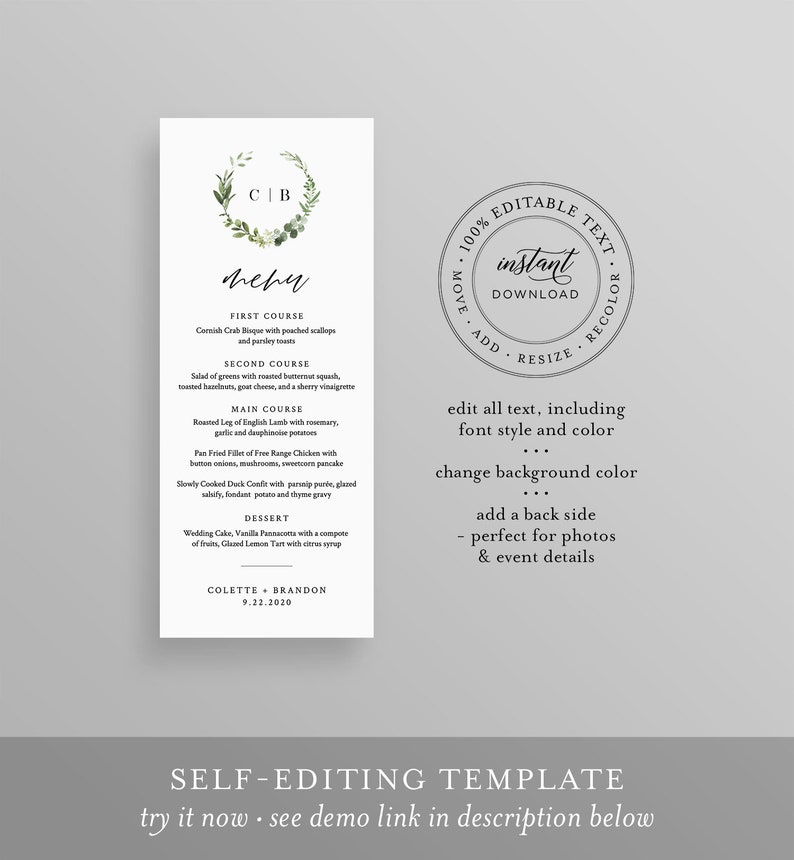 May include: A vertical white menu card with a floral wreath and the text "menu". The menu lists a first course, second course, main course, and dessert. The card also includes the text "Colette + Brandon 9.22.2020".