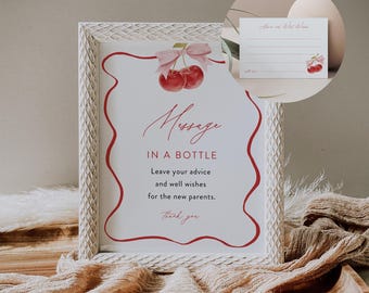 Message in a Bottle Sign, Cherry Bow Baby Shower, Advice and Well Wishes, 100% Editable Template, Instant Download, Templett  #0056-23BAG