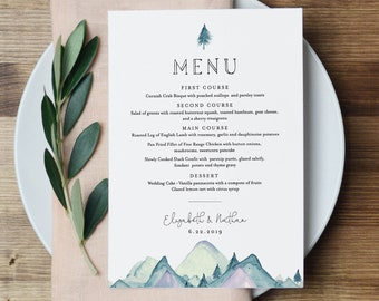 Wedding Menu Template, Rustic Mountain Evergreen Wedding Menu Card, Printable Pine Tree Menu, INSTANT DOWNLOAD, Editable Text #063-141WM