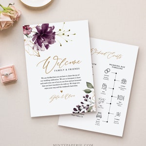 Welcome Bag Letter & Timeline Template, Printable Wedding Order of Events, Editable Itinerary, INSTANT DOWNLOAD, Purple Florals #006-125WB