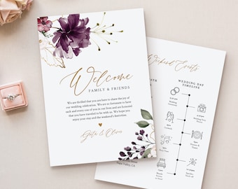 Welcome Bag Letter & Timeline Template, Printable Wedding Order of Events, Editable Itinerary, INSTANT DOWNLOAD, Purple Florals #006-125WB
