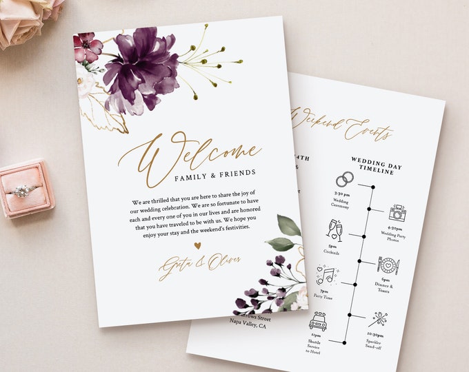 Welcome Bag Letter & Timeline Template, Printable Wedding Order of Events, Editable Itinerary, INSTANT DOWNLOAD, Purple Florals #006-125WB