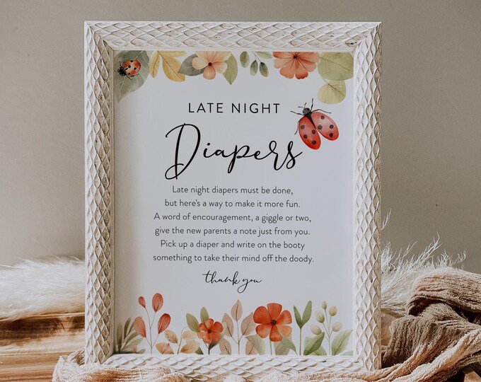 Late Night Diapers Sign, Ladybug Baby Shower Game, Diaper Notes, Love Bug Girl Baby Shower, Editable Template, Instant, Templett #0069-21BAG