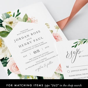 May include: A white wedding invitation with a floral border. The invitation is for the wedding of Jordan Rose and Henry Paul. The wedding will take place on Saturday, August 5th, 2019 at 3:00 PM at Villa Veneza, 501 Willow Boulevard, Middletown, NY. The invitation includes the text "Reception to follow".