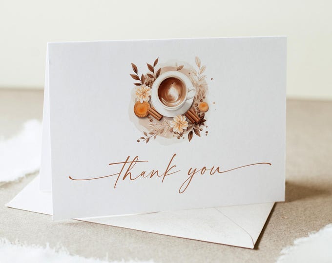 Coffee Thank You, Love Brewing Bridal / Baby Shower, Flat & Folded Card, Editable Template, Instant Download, Templett #0060-240TYC