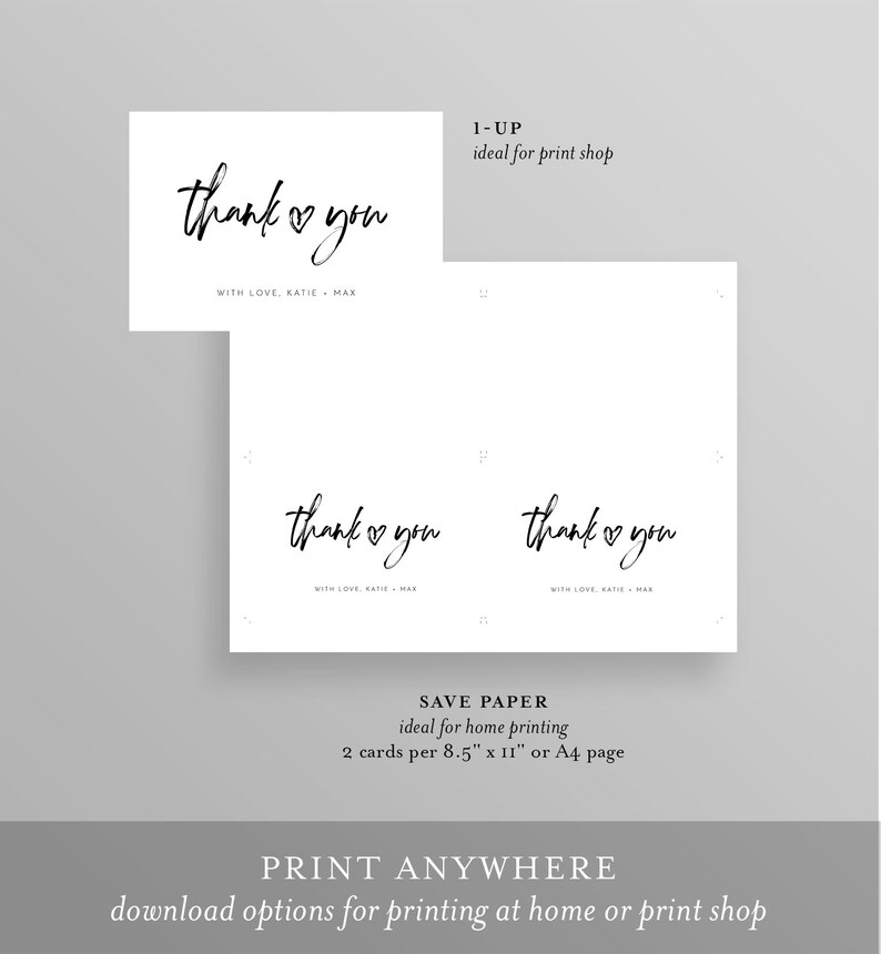 Editable Template Modern Script Thank You Folded Card Heart Wedding Bridal Shower Note Templett #090-154TYC Instant Download