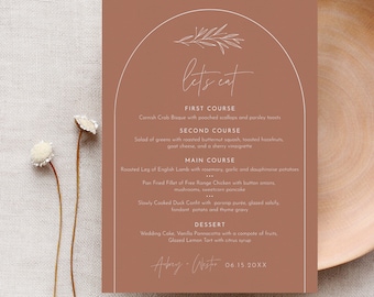 Bohemian Arch Menu Template, Printable Modern Terracotta Wedding Dinner Menu Card, 100% Editable, INSTANT DOWNLOAD, Templett #0030T-213WM