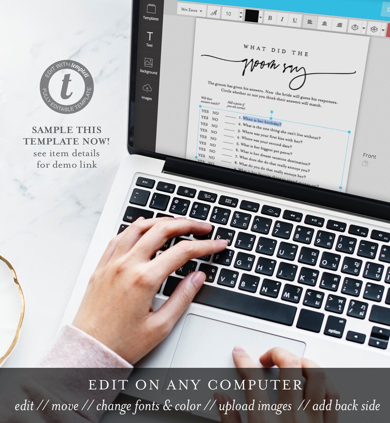 K&ouml;nnte beinhalten: Ein Laptop-Computer zeigt eine druckbare Hochzeitsspielvorlage mit dem Titel "What Did The Groom Say?" Das Spiel fordert die Braut auf, die Antworten des Br&auml;utigams auf eine Reihe von Fragen zu erraten. Die Vorlage ist so konzipiert, dass sie bearbeitet und personalisiert werden kann.