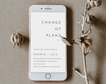 Change of Plans / Date, Postponed Wedding Date Announcement, Cancelled, Evite, Text Message, 100% Editable, INSTANT DOWNLOAD #094-101PA