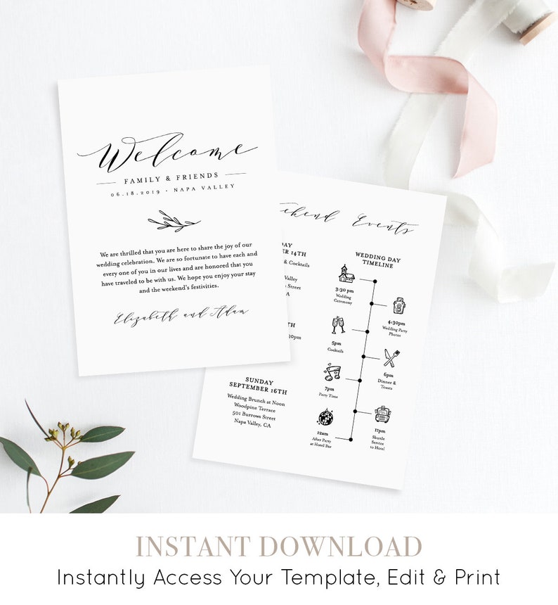 Wedding Itinerary, Welcome Letter Template, Printable Welcome Bag Note, Order of Events, Agenda, Icon Timeline, 100% Editable 037-110WB image 2